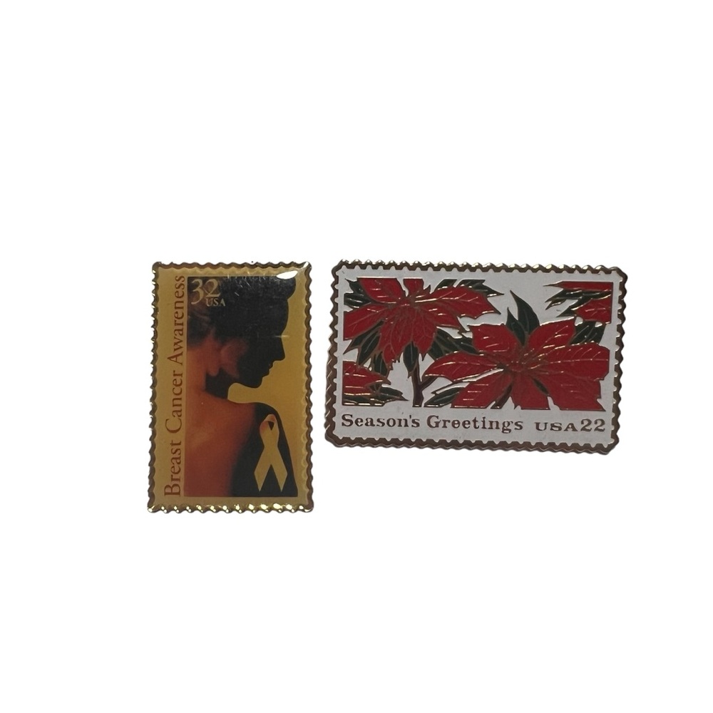 2 USPS Enamel Stamp Pins - Season’s Greetings & Breast Cancer Awareness